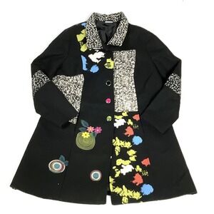 VTG Sheego Wool Blend Whimsical Manic Pixie Hand Painted Patchwork Y2K Coat L
